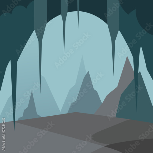 Scalable vector illustration of a mystical mountain cavern interior with ice formations