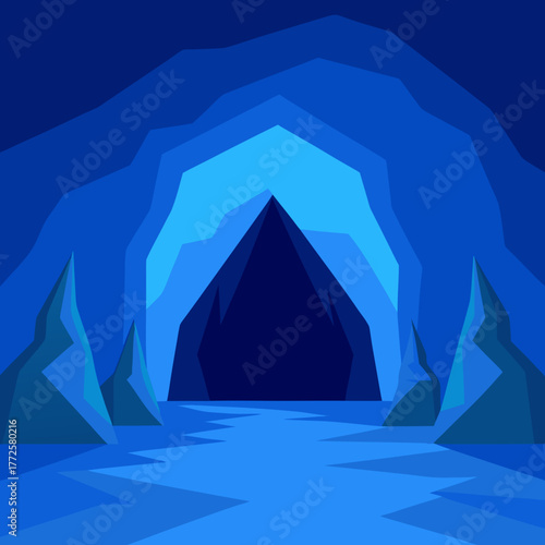 Vector illustration of a deep blue mountain cave interior with ice formations and tunnel entrance