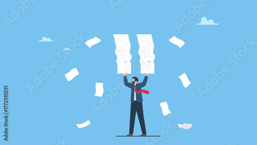 Businessman carry load of paperwork documents. Handle busy work, manage workload or complete multitasks within deadline, organize paperwork or documents, effective or productive.