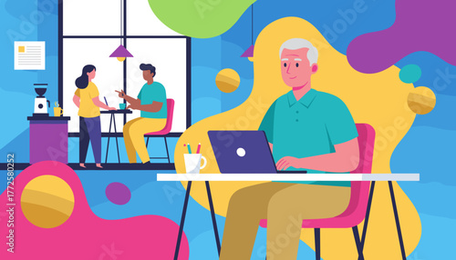 Senior man working remotely on laptop in a vibrant colorful modern office or cafe setting