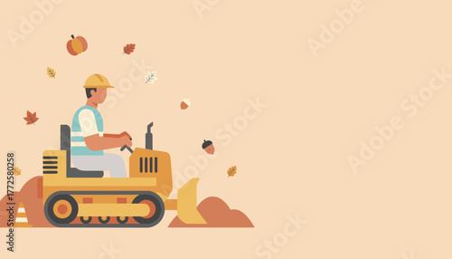 Construction worker operating a bulldozer in flat autumn vector style with copy space