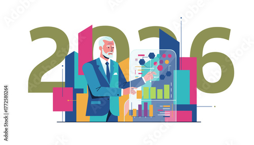 Senior executive planning 2026 strategy analyzing graphs and financial data visualization