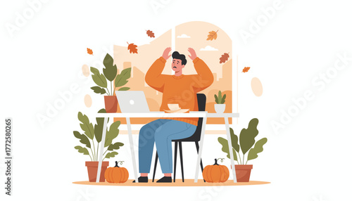 Overwhelmed man stressed by work while working remotely during the autumn season