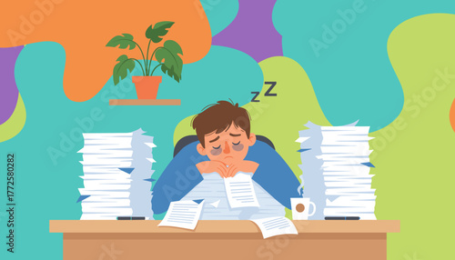 Overworked employee suffering from burnout sleeps at his office desk surrounded by huge piles of paperwork