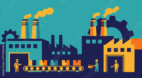 Stylized factory complex with production line workers and conveyor belt moving cargo