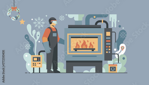 Heating maintenance concept Worker operating industrial furnace in a cold winter setting