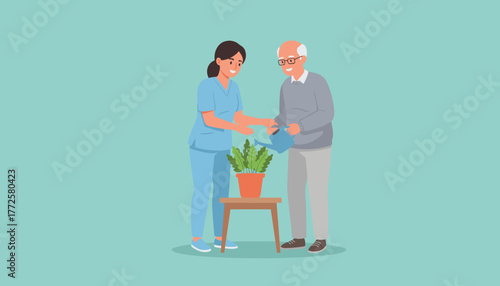 Caregiver and senior man watering houseplant together Home healthcare illustration