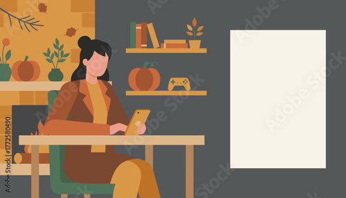 Woman using smartphone at desk in cozy autumn room with fireplace and copy space Flat vector illustration
