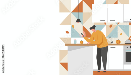 Person using smartphone in cozy autumn kitchen with pumpkins and modern geometric wall art