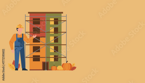 Construction worker repairing building with scaffolding in autumn Renovation concept