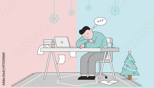 Exhausted worker asleep at desk surrounded by paperwork during the busy winter season