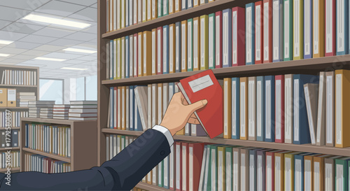 Professional hand selects a red book from a vast library shelf filled with colorful binders and documents, symbolizing knowledge and research