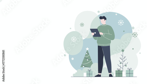 Man shops online for Christmas gifts using a tablet Winter holiday technology concept illustration