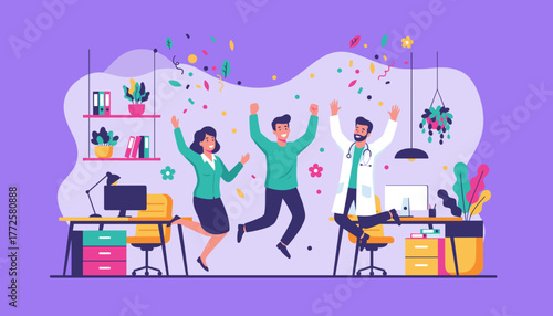 Happy diverse professional team celebrates success and teamwork jumping for joy amid confetti in a modern office