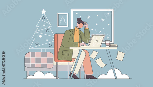 Stressed remote worker trying to meet deadlines during the Christmas and winter holidays