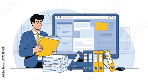 Professional businessman organizing documents and data on computer screen in modern office setting, highlighting efficiency and workflow
