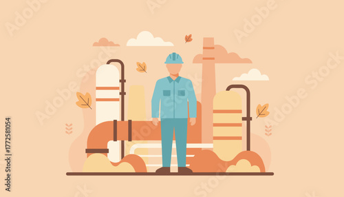 Safety worker illustration at industrial plant Energy production and engineering concept