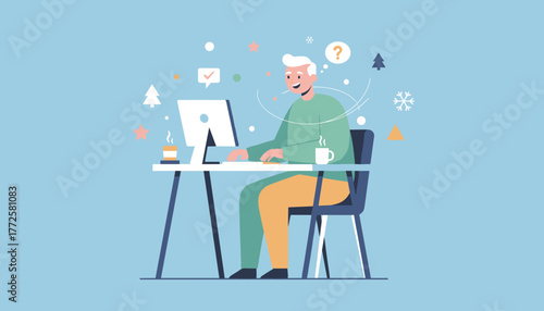 Happy man working on a desktop computer at his desk surrounded by seasonal winter and holiday elements