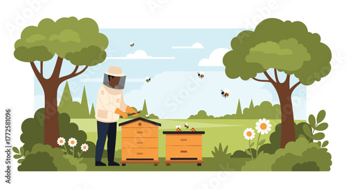 Dedicated beekeeper in protective suit tends to vibrant apiary amidst lush green landscape and buzzing bees
