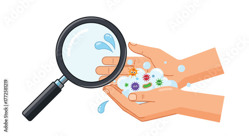 Magnifying glass reveals colorful cartoon microbes in soapy hands, emphasizing hygiene and germ awareness for health education