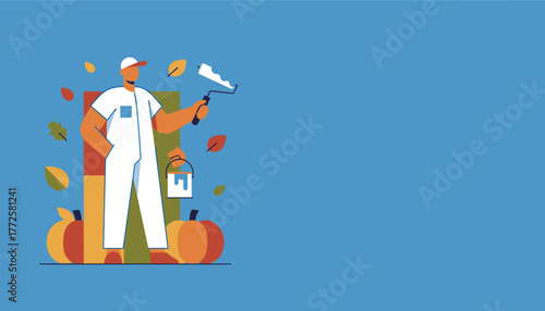 Professional painter renovating home during autumn holding roller and paint bucket Vector illustration