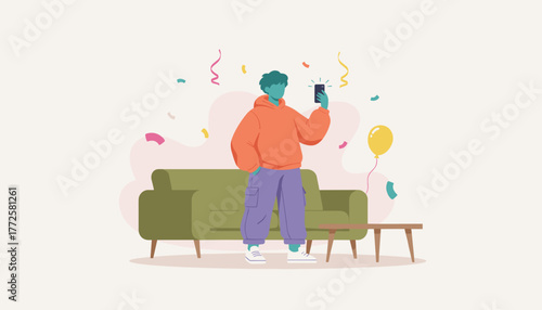 Flat illustration of a young man taking a selfie in a party setting with confetti and sofa