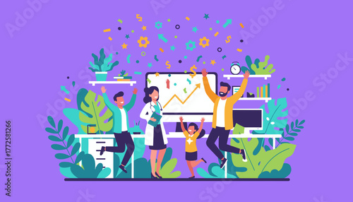 Team celebrates success and positive results with a doctor in a modern office showing growth graph
