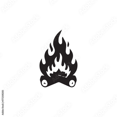 A stylized black and white illustration of a campfire burning brightly, with flames.