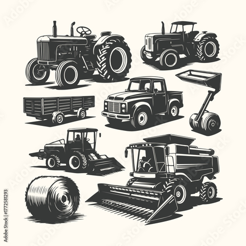 Collection of vintage and modern farm equipment, including tractors, a combine harvester, and a pickup truck, isolated on a