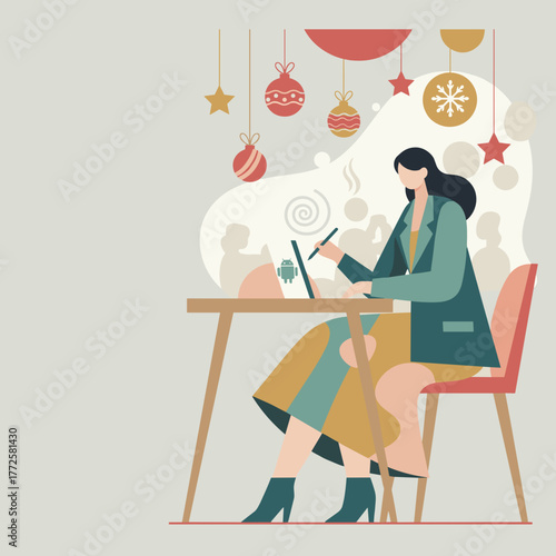 Female professional uses tablet with Android logo in a modern holidaydecorated workspace