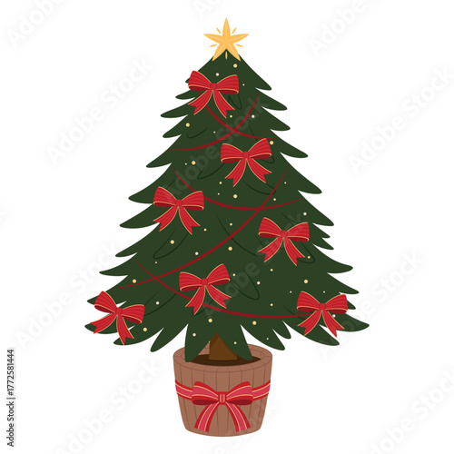 Vector illustration of green Christmas tree adorned with a red and yellow bows, ribbons and yellow star topper in a wooden pot. Flat design isolated on a white background.
