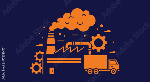 Stylized illustration of a factory smoke stack industrial gears and delivery truck on blue background