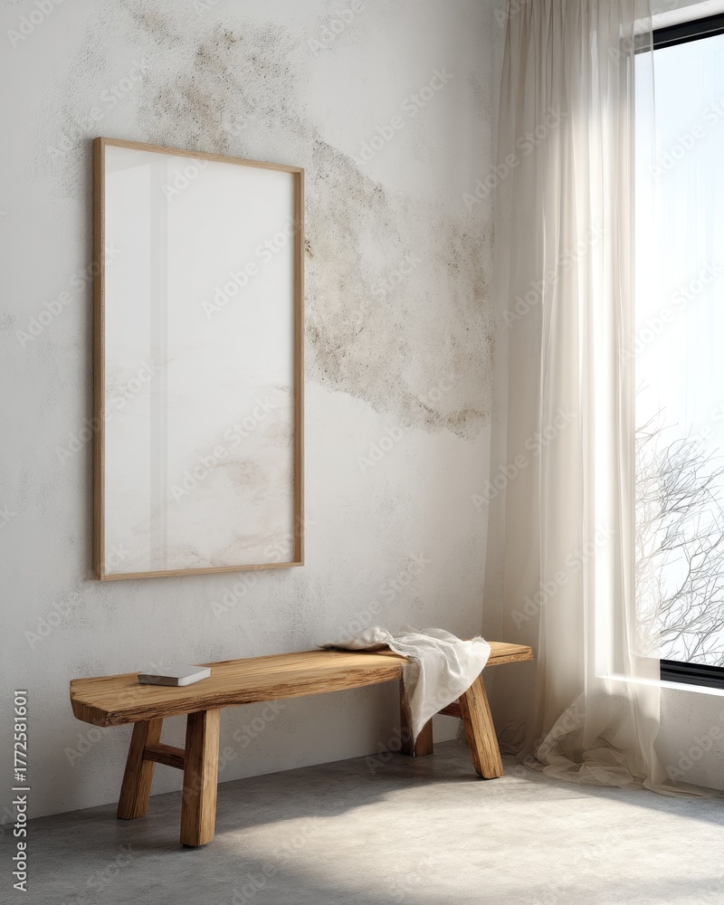 Fototapeta premium A wooden bench is in front of a white wall