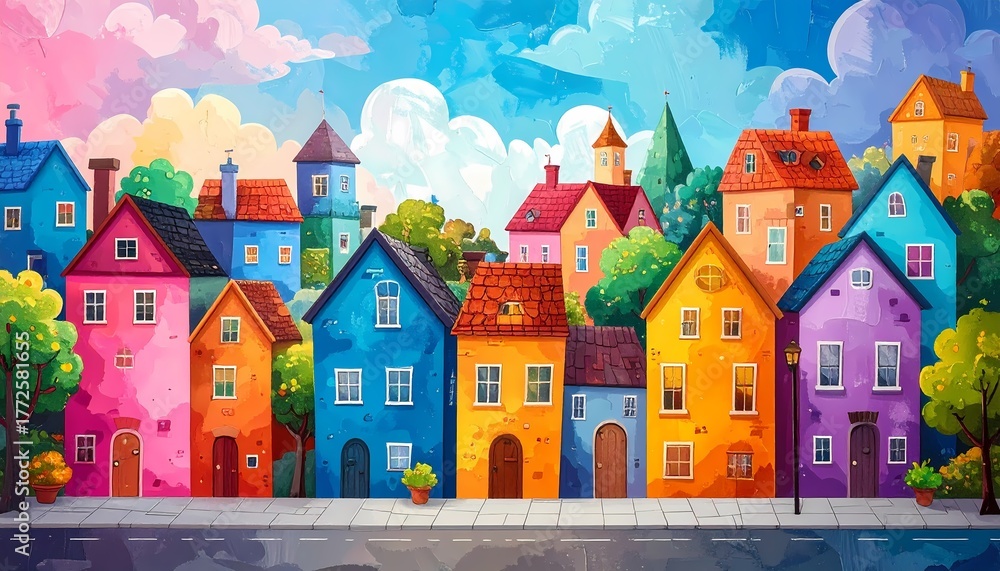 Naklejka premium Colorful painted homes on a cheerful street