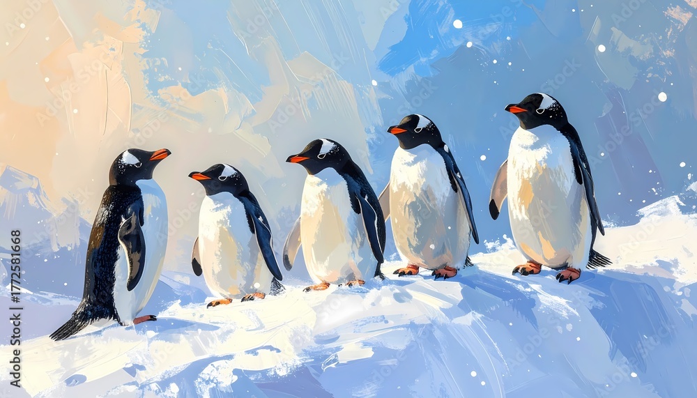 Obraz premium Five Penguins in a Painted Procession