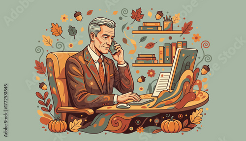 Senior businessman on phone works at autumn office desk Cozy fall productivity vector illustration