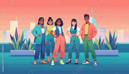 Diverse confident young team on a city rooftop Collaboration modern business and urban lifestyle