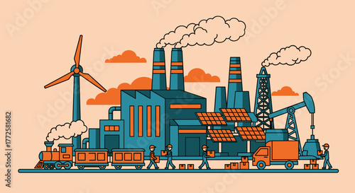 Manufacturing and energy production illustration logistics wind solar and oil extraction