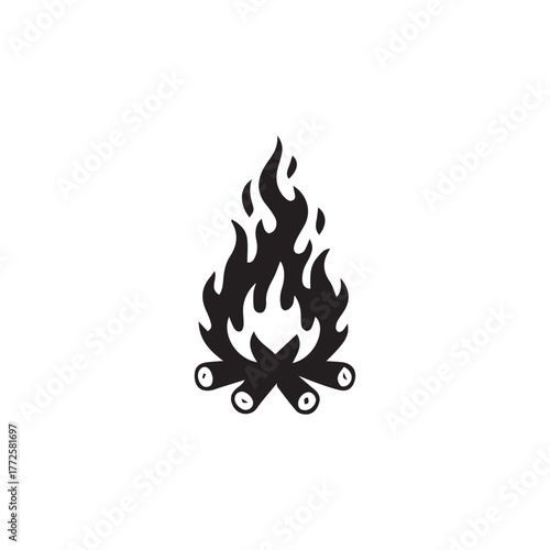 A stylized black and white illustration of a campfire burning brightly, with flames.