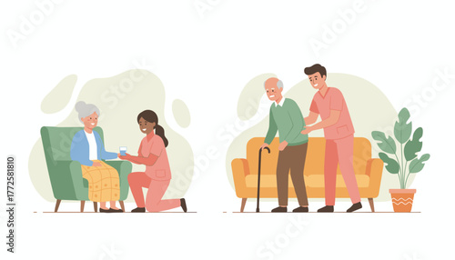Home health care illustration Caregivers assist seniors with medication and walking support
