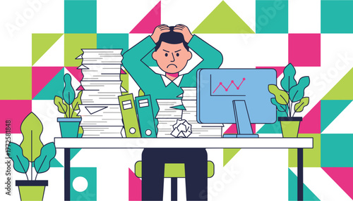 Overwhelmed businessman stressed by massive paperwork and office workload Burnout concept