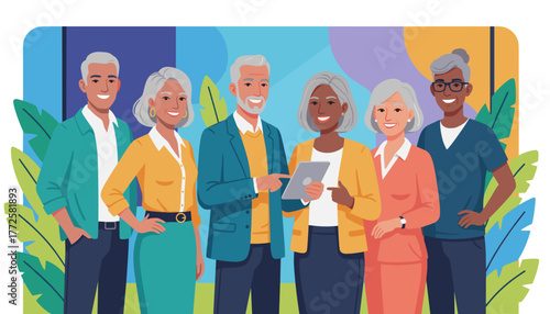 Happy diverse senior group uses a tablet Active aging modern lifestyle financial planning technology