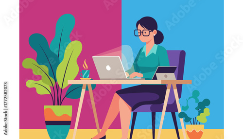 Focused woman working remotely on laptop in a colorful productive home office setting