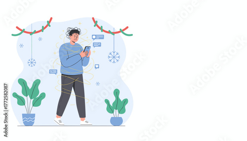 Man overwhelmed by social media notifications and holiday stress tangled in digital anxiety