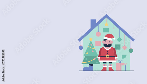 Modern flat design Santa Claus standing outside a festive house with a Christmas tree Copy space
