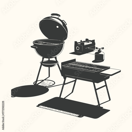 Barbecue grill and portable gas stove with propane tank and accessories
