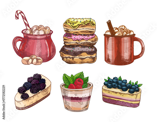 Hand drawn vintage sketch of hot cocoa mugs with marshmallows and colorful eclairs set in color and monochrome