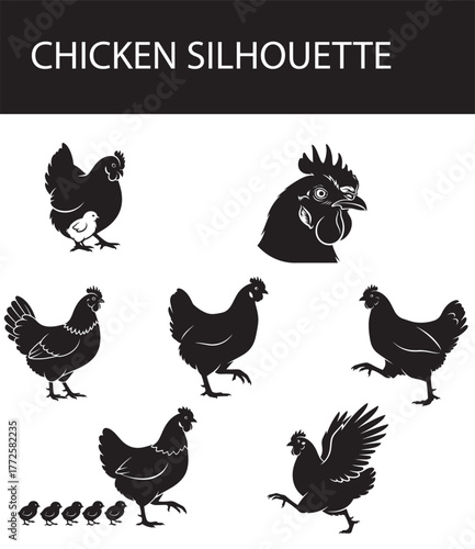 "Chicken Silhouette Collection – Farm Hen, Rooster, Chicks in Various Poses – Vector Animal Icons"