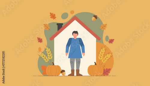 Man stands inside a cozy house frame decorated with fall pumpkins wheat and autumn foliage