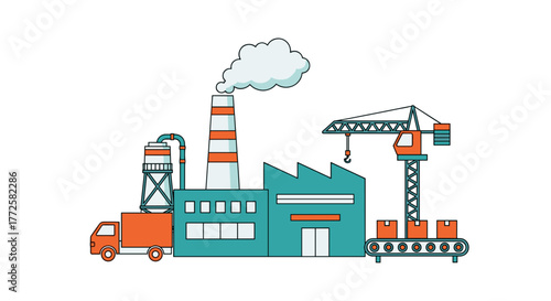 Industrial factory complex illustration with crane chimney truck and production conveyor belt